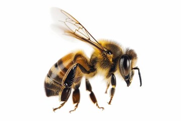 majestic honey bee in flight wings spread against pure white backdrop ultrahigh detail soft lighting scientific accuracy