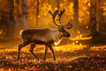 majestic reindeer strides through golden autumn forest antlers silhouetted against soft sunlight fallen leaves carpet the ground creating a warm enchanting scene