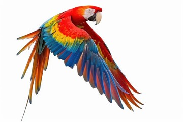 Obraz premium majestic scarlet macaw in flight against a pure white background showcasing its vibrant plumage and graceful wing span