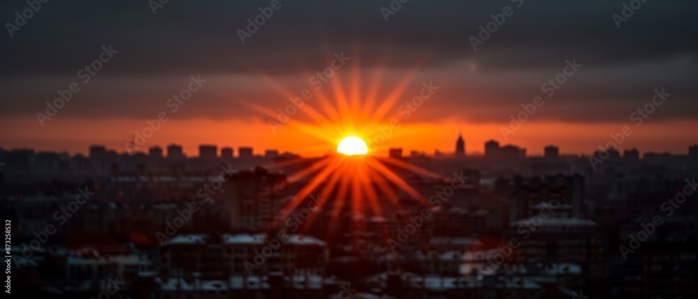 Wall mural Sun sets, buildings in foreground, dark clouds in background