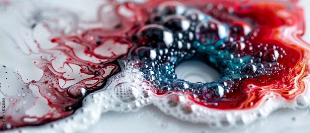 Sticker  A tight shot of red, white, and blue swirls against a pristine white backdrop, speckled with water droplets