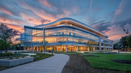 Obraz premium A large glass building with a curved roof and a walkway leading to it. The building is surrounded by trees and grass, and the sky is filled with clouds