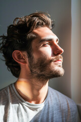 Fototapeta premium Thoughtful Young Man in Sunlit Room Embracing Natural Light and Isolation
