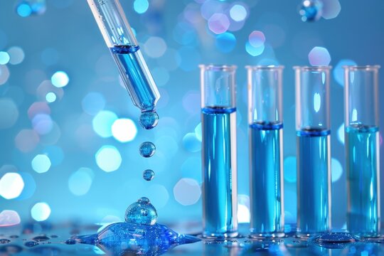 Lab pipette with blue solution, droplet over test tubes, science lab, illustration background