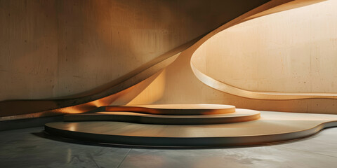 Modern Architectural Interior with Curved Wooden Platforms and Natural Light