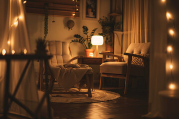 Cozy Hygge Inspired Living Room with Warm Lighting and Indoor Plants