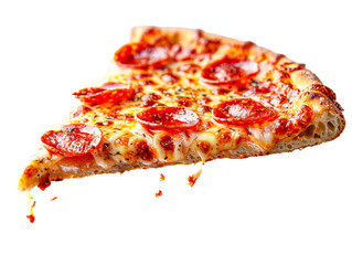 Slice of salami pizza floating in the air