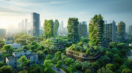 Obraz premium A city with many buildings and green trees. The city looks like it is in a different world
