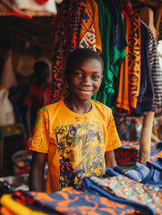 Portrait of a smiling African boy in a colorful shirt standing in a market