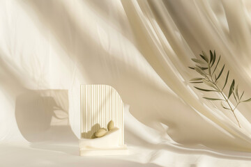 Minimalist Still Life with Cream Drapes, Geometric Sculpture, and Olive Branch