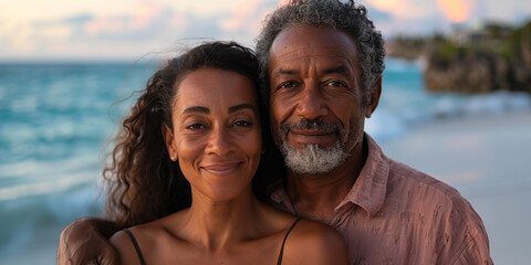 Obraz premium Happy Mature Couple Relaxing on Beach at Sunset with Waves and Scenic Background