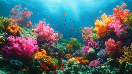 Naklejka premium Underwater coral reef scene with colorful fish and marine life, ideal for marine conservation themes. , Minimalism,