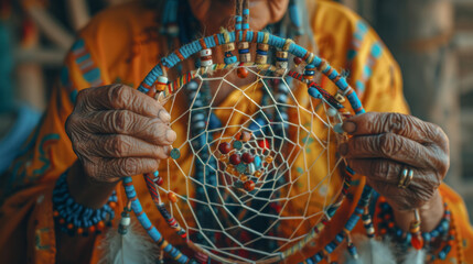 Fototapeta premium A woman holds a dreamcatcher in her hands