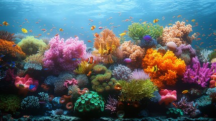 Naklejka premium Underwater coral reef scene with colorful fish and marine life, ideal for marine conservation themes. , Minimalism,