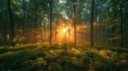 Fototapeta premium Sunlit forest with dappled light through trees, creating a serene and magical atmosphere. , Minimalism,