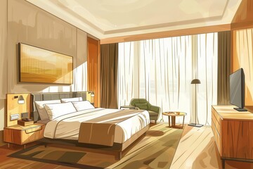 minimalist millennium hotel room with warm earth and khaki tones interior design concept illustration