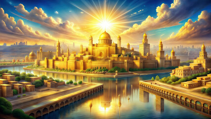 Obraz premium A painting of a holy city with a large golden building in the center