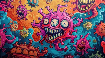Light-hearted virus drawings engaging in funny activities, set against a lively and colorful background