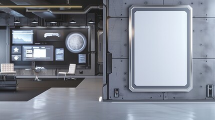 Sleek minimalist empty canvas in a futuristic tech startup office with digital displays and modern furnishings, silver frame, great for tech-themed ad mockups.
