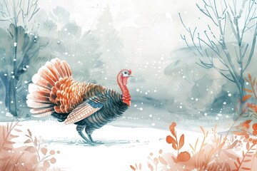 minimalist watercolor banner with a turkey in a winter setting seasonal holiday greeting card concept illustration