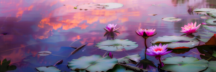 Tranquil Water Lilies Floating on Reflective Pond at Sunset