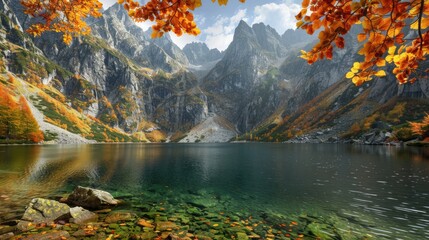 A dramatic mountain landscape with steep cliffs and crystal-clear lakes, framed by vibrant autumn foliage.