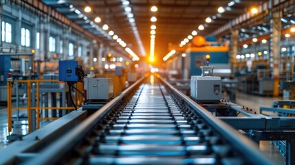 Fototapeta premium An industrial factory interior with a long, empty conveyor belt leading towards a bright light, emphasizing the scale and efficiency of the manufacturing process.