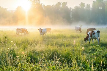 Obraz premium misty meadow at dawn cows grazing dewdrops on grass golden sunlight piercing through fog panoramic composition