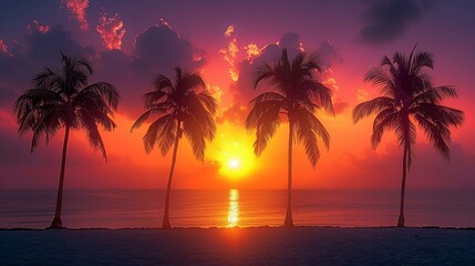 Tropical sunset with palm trees silhouetted against an orange and purple sky, ideal for vacation themes. , Minimalism,