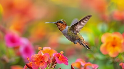 Fototapeta premium Vibrant hummingbirds among tropical flowers, symbolizing joy and freedom. , Minimalism,