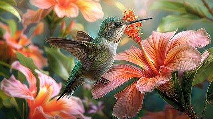 Vibrant hummingbirds among tropical flowers, symbolizing joy and freedom. , Minimalism,