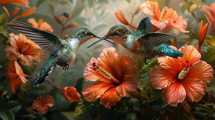 Vibrant hummingbirds among tropical flowers, symbolizing joy and freedom. , Minimalism,