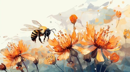 Bee hovering over a flower flat design side view summer theme water color Triadic Color Scheme