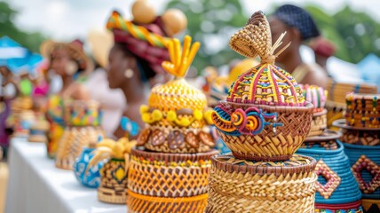 Fototapeta premium Colorful, handcrafted baskets on display at a market stall.