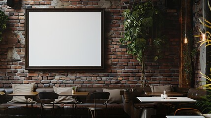 Sophisticated minimalist empty canvas on a rustic brick wall in a cozy cafe, dark brown frame, ideal for creative ad mockups and art displays.