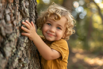 Smiling Child Hugging Tree in Sunlit Forest with Curly Hair and Brown Shirt
