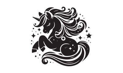 Cute unicorn with rainbow hair. Vector cartoon, Magic unicorn poster, greeting card. Black silhouette of a unicorn on a white background.