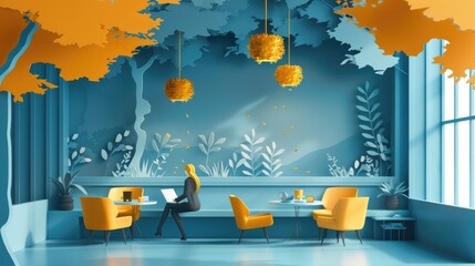 Papercut art of an office scene with employees enjoying health benefits.