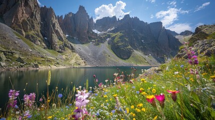 A dramatic mountain landscape with steep cliffs and crystal-clear lakes, framed by vibrant wildflowers.