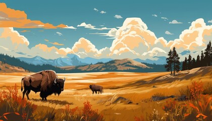 Bison grazing peacefully flat design front view grassland theme animation Complementary Color Scheme