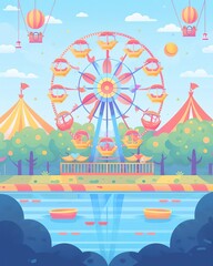 A Ferris wheel stands tall against a vibrant blue sky, surrounded by lush trees, a pond, and hot air balloons.