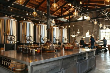 modern craft brewery interior gleaming stainless steel tanks warm ambient lighting industrialchic design workers in background