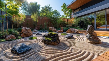 Zen garden with raked sand and stones, representing tranquility and mindfulness. , Minimalism,