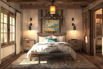 modern farmhouse interior design of bedroom with hardwood floor ai generated