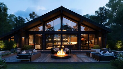 Stylish front design of a contemporary chalet with dark wooden walls, large glass panels, and a cozy porch with a fire pit and outdoor seating.
