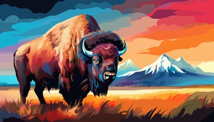 Bison grazing peacefully flat design side view wilderness theme water color Triadic Color Scheme