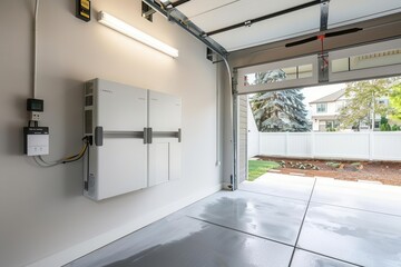 modern home battery storage system mounted on garage wall surrounded by electrical components clean minimalist design showcasing sustainable energy technology in a residential setting