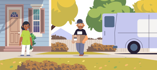 Happy man delivers buyer's package to home. Woman waited for her goods. Vector illustration
