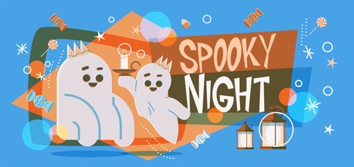Fototapeta premium Spooky Night Halloween poster. Two ghosts with candle. Vector background