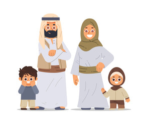 Happy Arabian cartoon family on isolated background. Muslim parents and their little children. Vector illustration